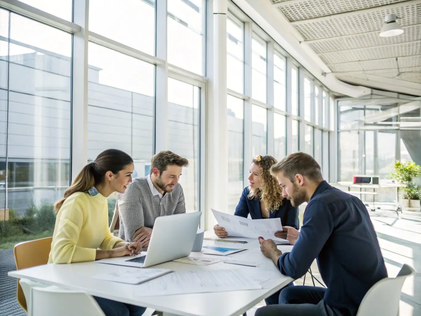 A diverse group of international professionals collaborating in a modern office setting, representing the global talent pool IONA provides to Lithuanian companies.
