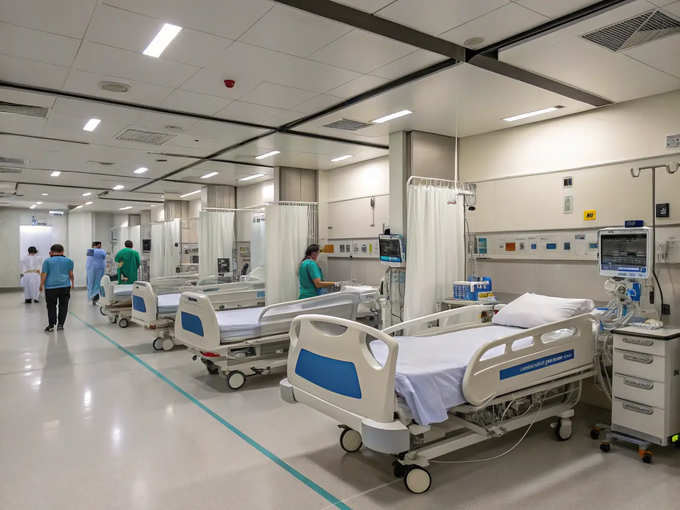 A modern hospital setting with doctors and nurses attending to patients, representing the healthcare industry.