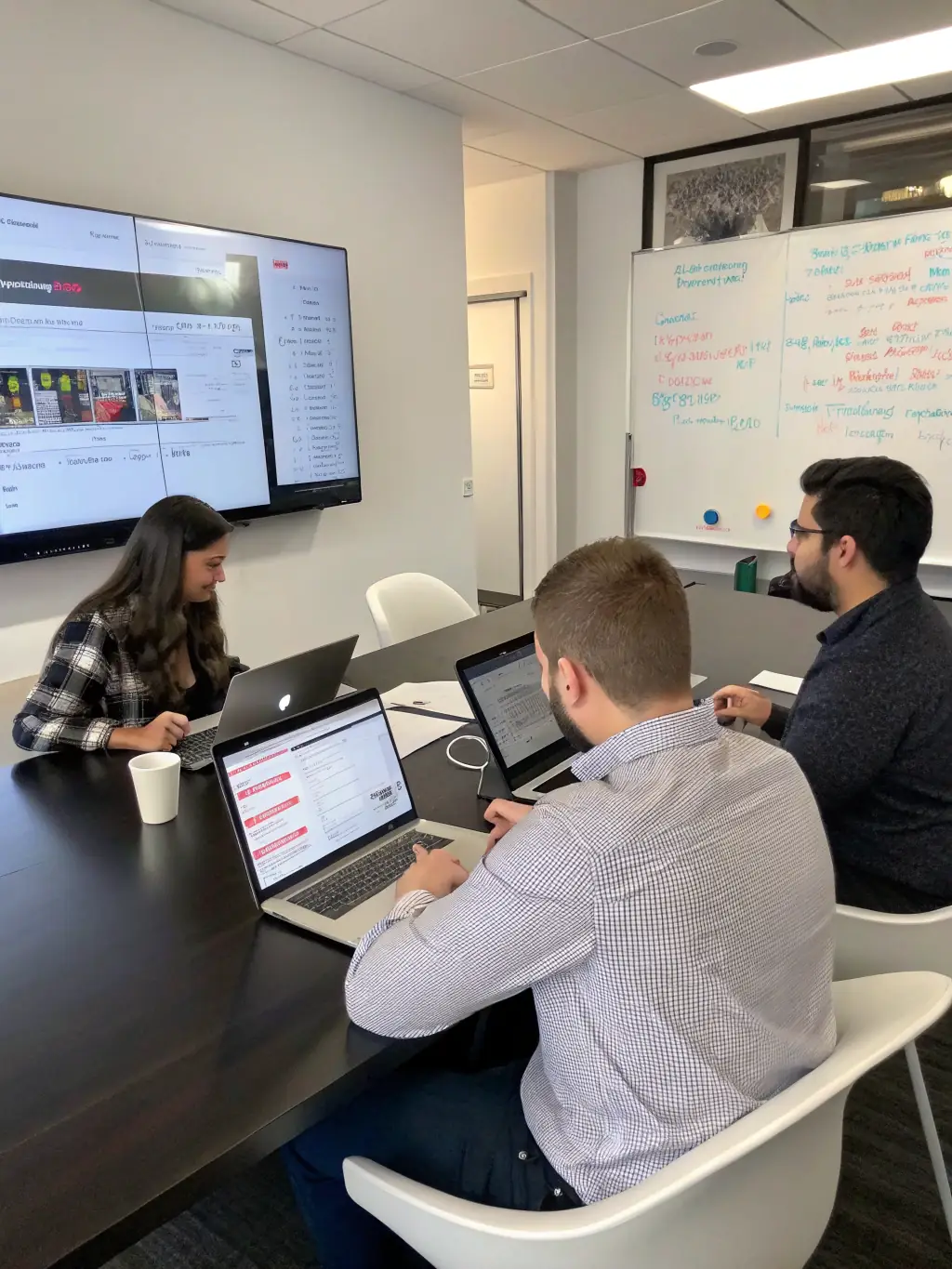 A photo of IONA's recruitment team reviewing candidate profiles and resumes, highlighting their expertise in talent sourcing.