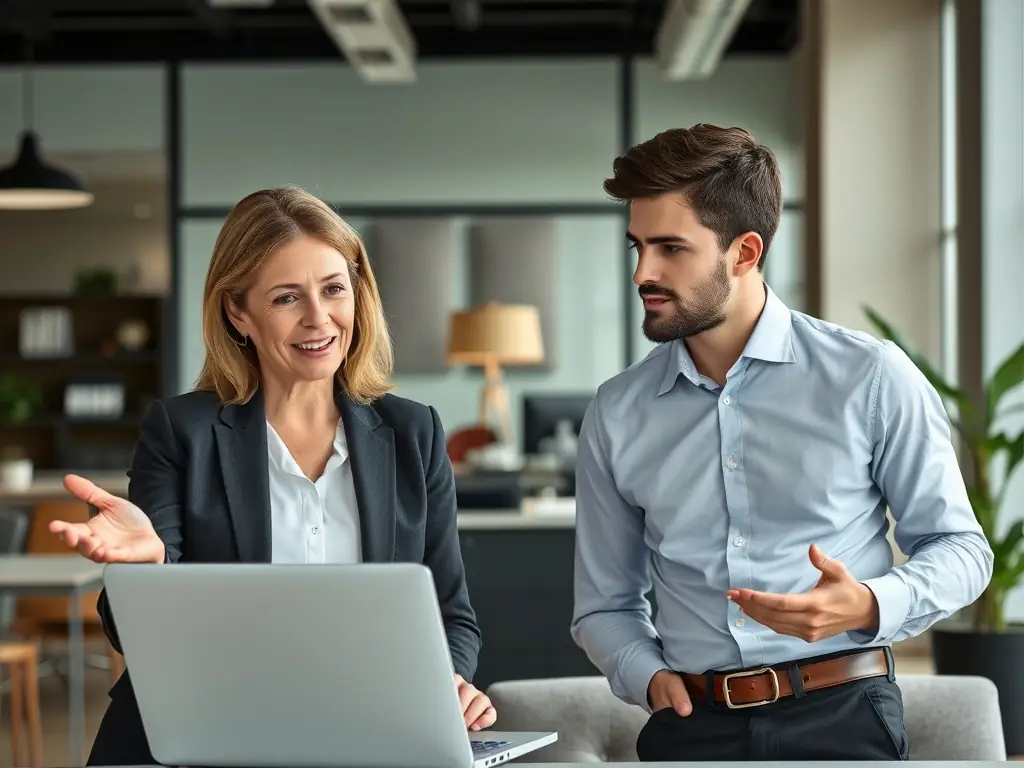 A professional recruiter is interviewing a candidate in a modern office setting, focusing on the detailed assessment and skills evaluation process.