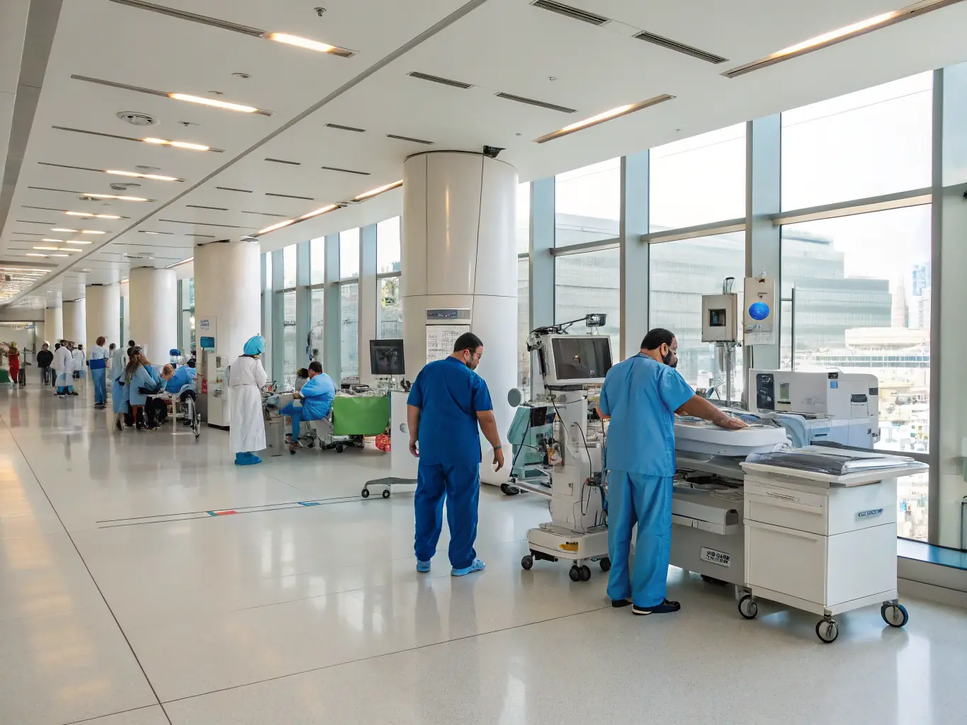 A modern hospital setting with nurses and doctors providing patient care, reflecting IONA's focus on healthcare recruitment.