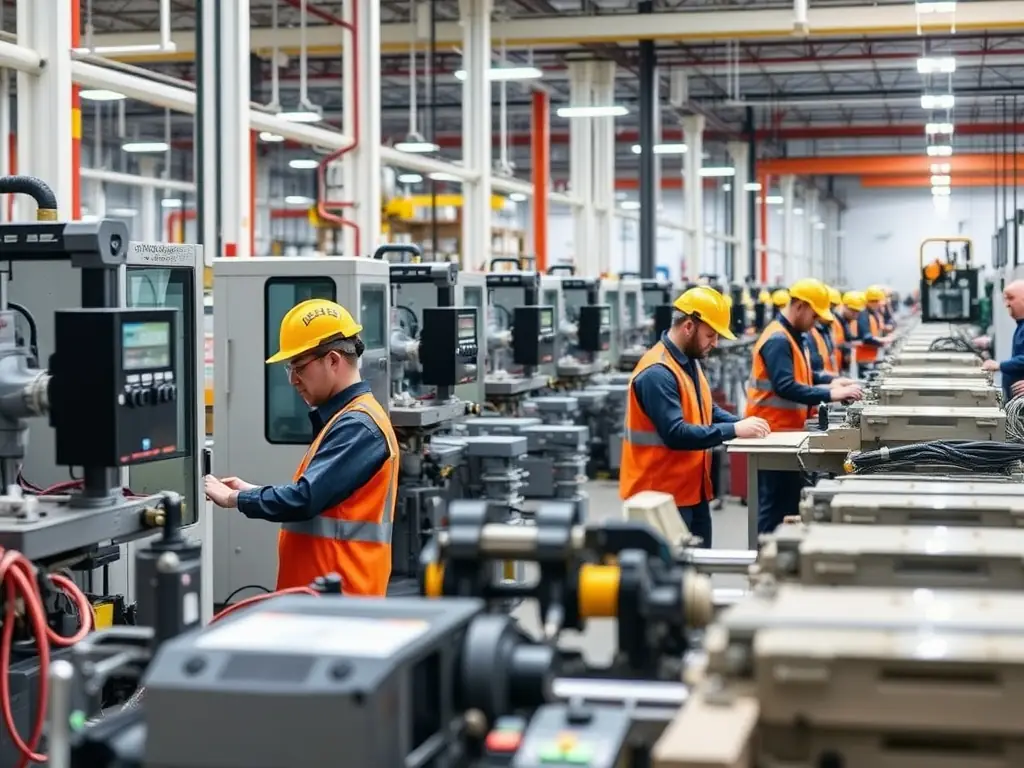A modern factory floor with automated machinery and workers in safety gear, representing the manufacturing industry.