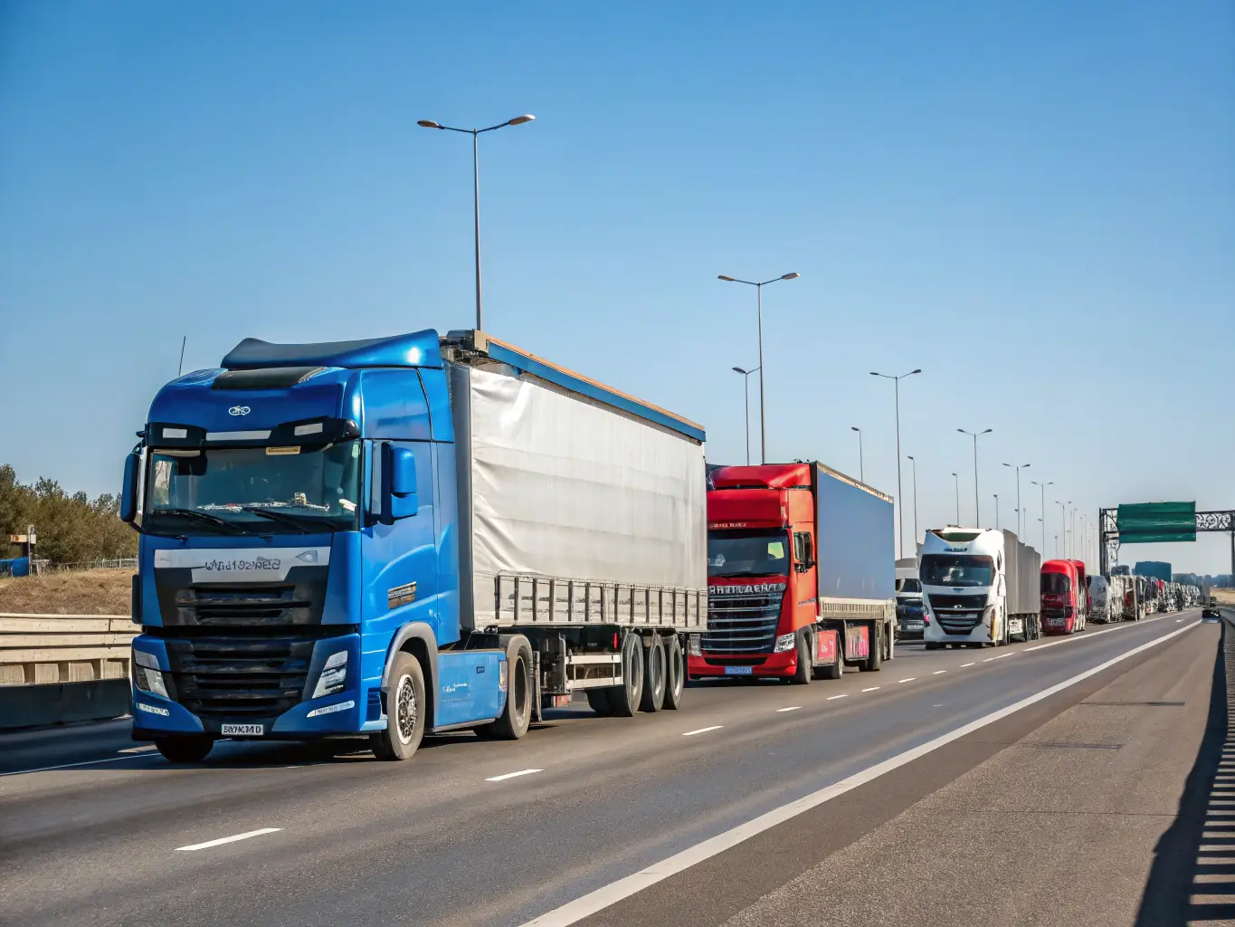 A fleet of modern trucks on a highway, symbolizing the logistics and transportation industry.